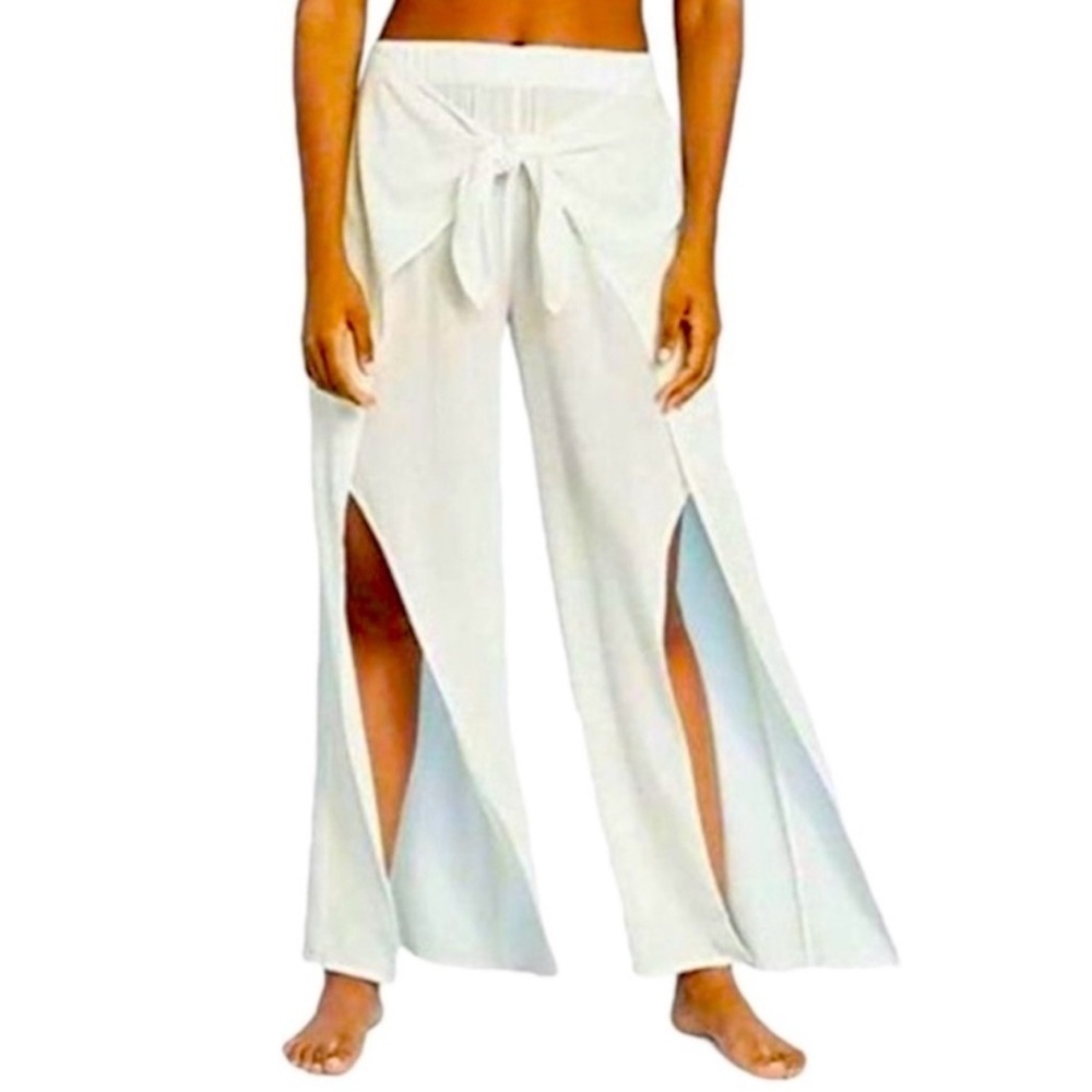 NWT Kona Sol Pull-On Beach Coverup Split-Leg Front-Tie Pants Semi-Sheer Gauze